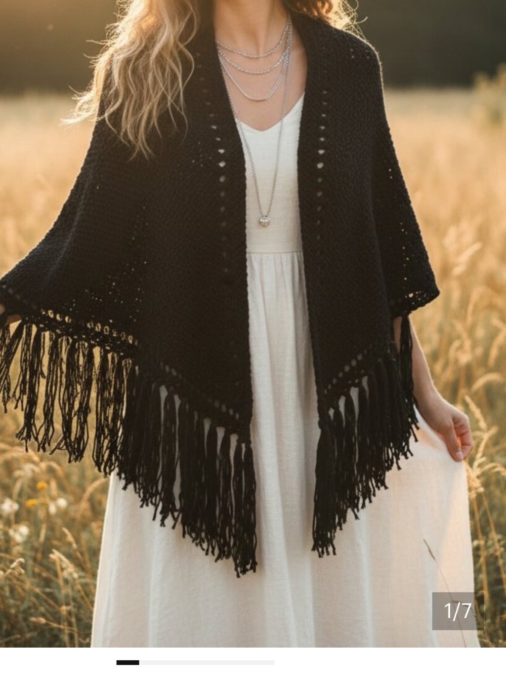 Free People Black Fringe Knit Shaw